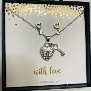New Merry and Bright With love 18”Necklace and earring set.heart lock and keys.